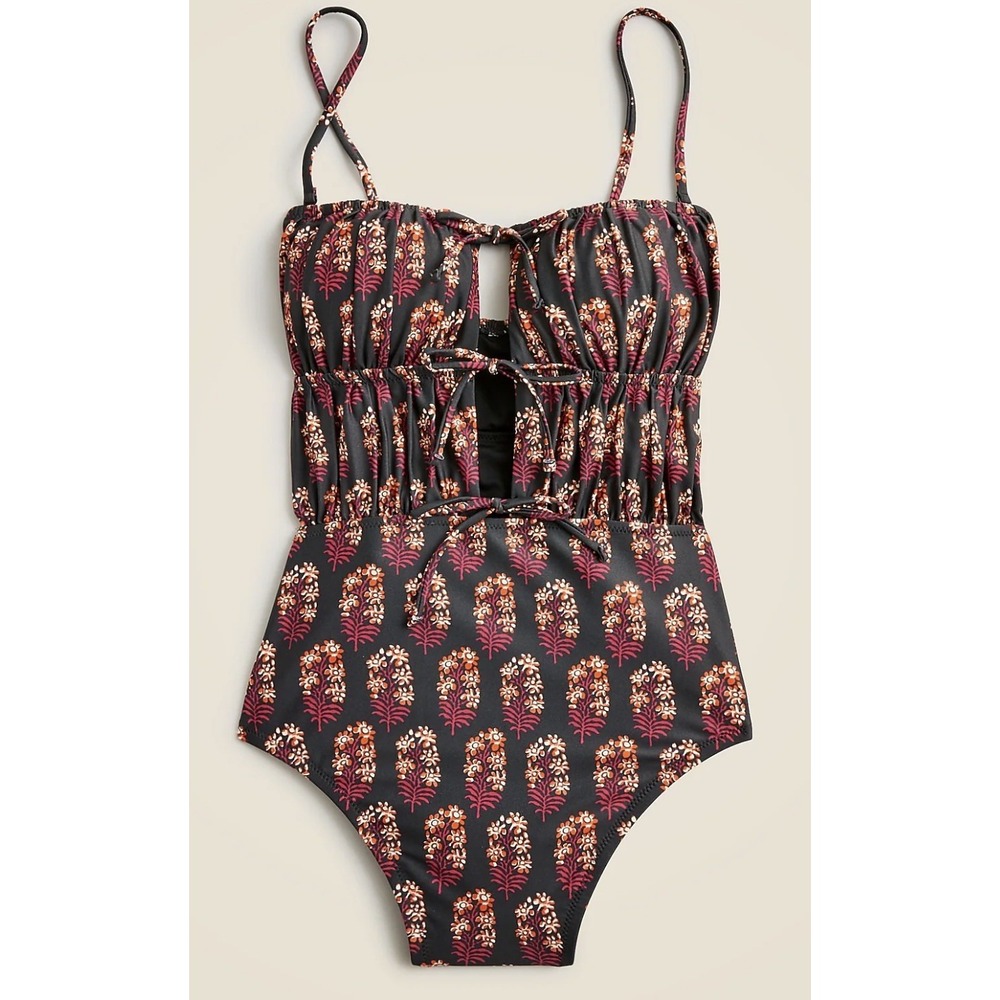 J Crew Swimsuit Ruched Cut Out One Piece Tie Front Cocoa Block Print Pink 20